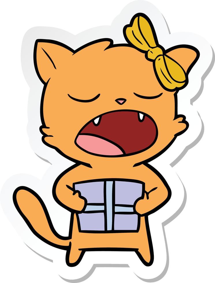 sticker of a cartoon cat with christmas present vector