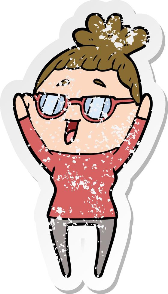 distressed sticker of a cartoon happy woman wearing spectacles vector