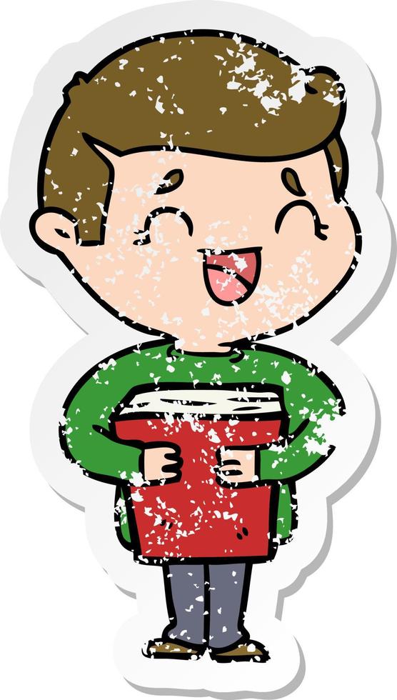 distressed sticker of a cartoon laughing man holding book vector
