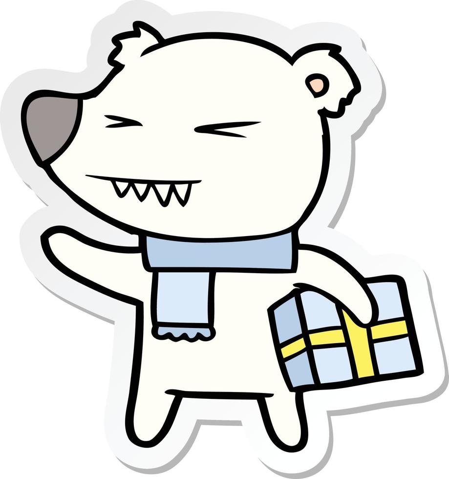 sticker of a cartoon angry polar bear with xmas present vector