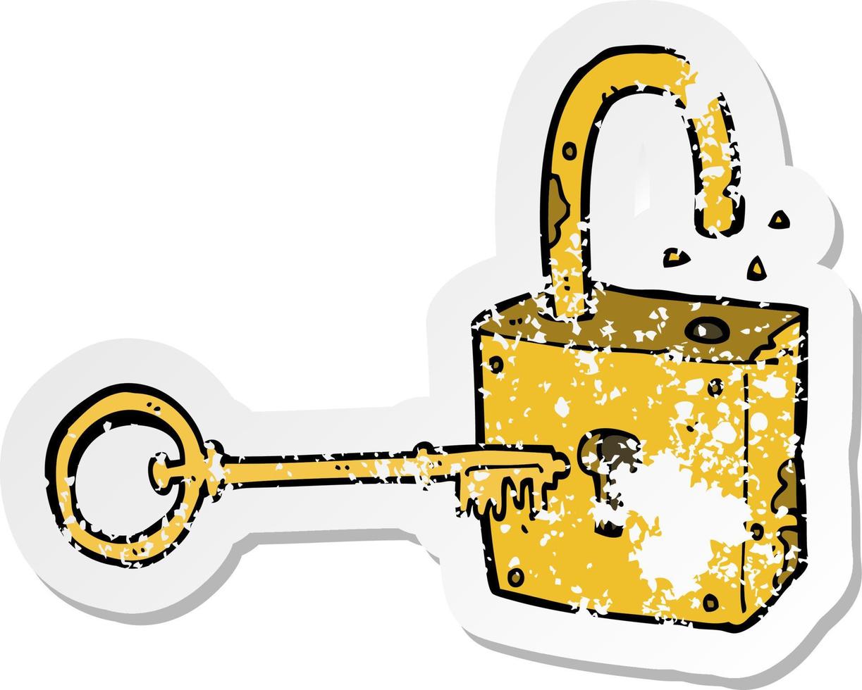 retro distressed sticker of a caroon rusty old padlock vector
