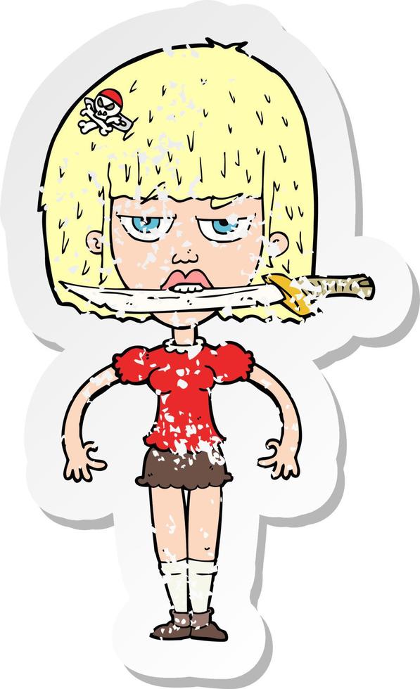 retro distressed sticker of a cartoon woman with knife between teeth vector
