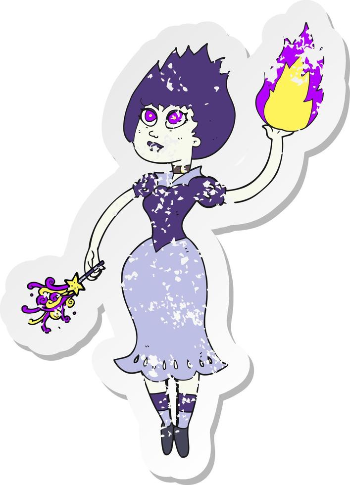 retro distressed sticker of a cartoon vampire girl casting fireball vector