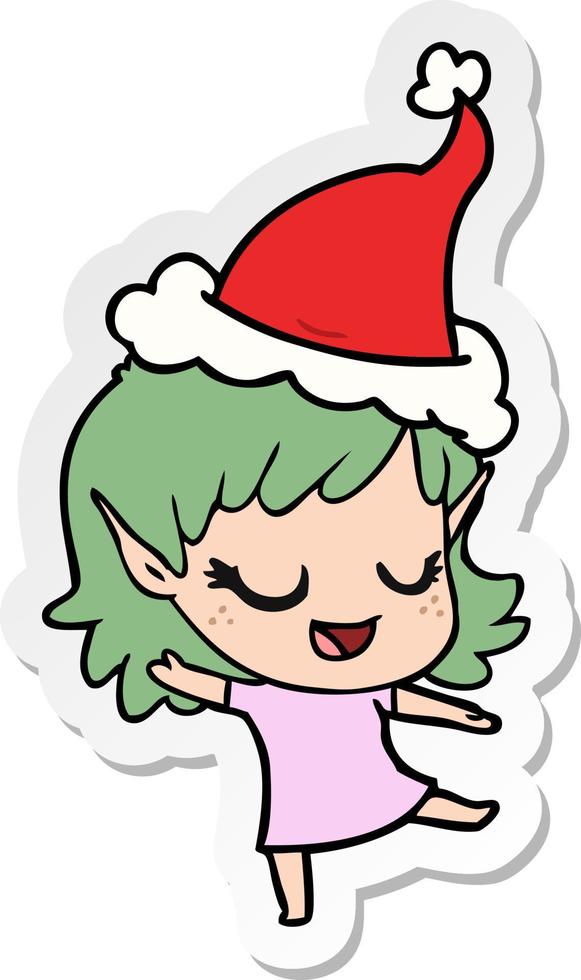 pegatina feliz caricatura de una niña elfa con sombrero de santa vector