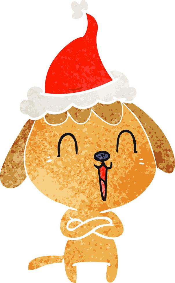 cute retro cartoon of a dog wearing santa hat vector