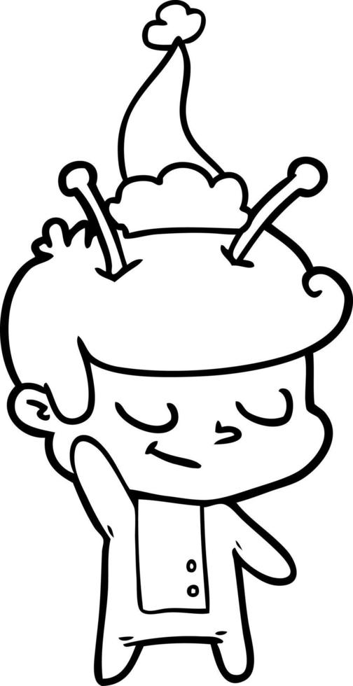 friendly line drawing of a spaceman wearing santa hat vector
