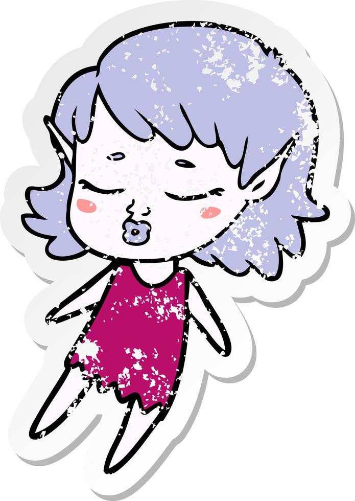 distressed sticker of a pretty cartoon elf girl flying vector