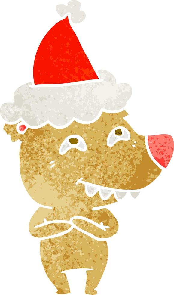 retro cartoon of a bear showing teeth wearing santa hat vector