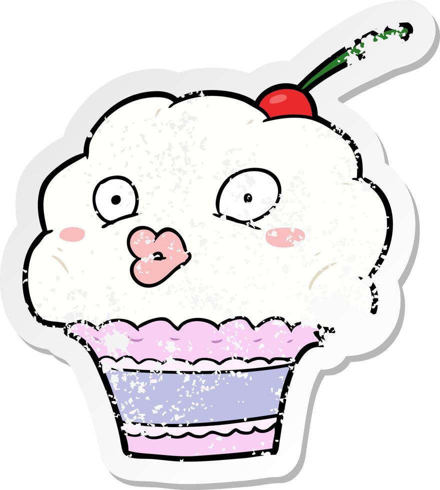 distressed sticker of a cartoon cupcake vector