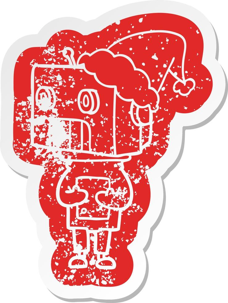 cartoon distressed sticker of a robot wearing santa hat vector