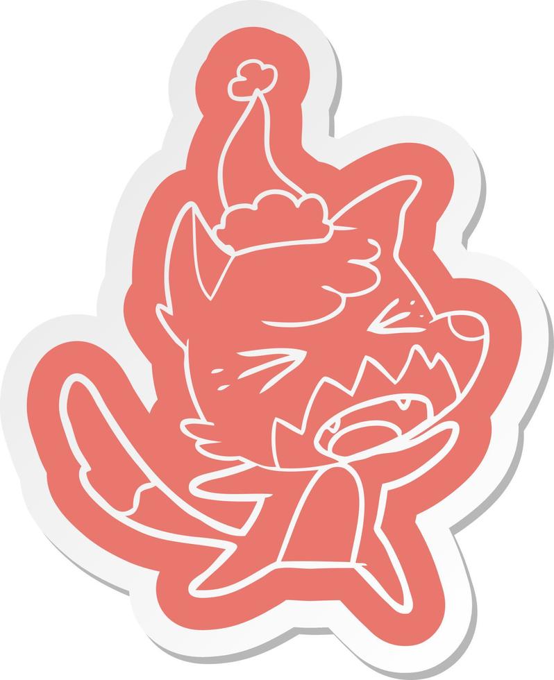 angry cartoon  sticker of a fox wearing santa hat vector