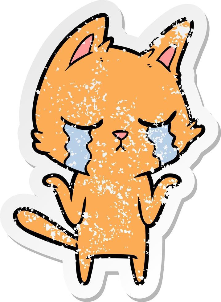 distressed sticker of a crying cartoon cat shrugging vector