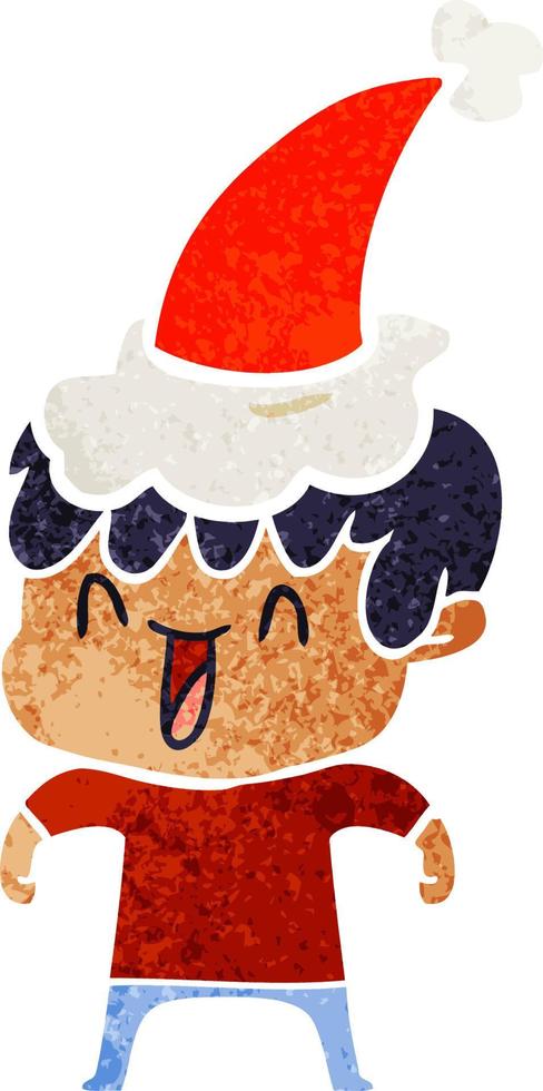 retro cartoon of a laughing boy wearing santa hat vector