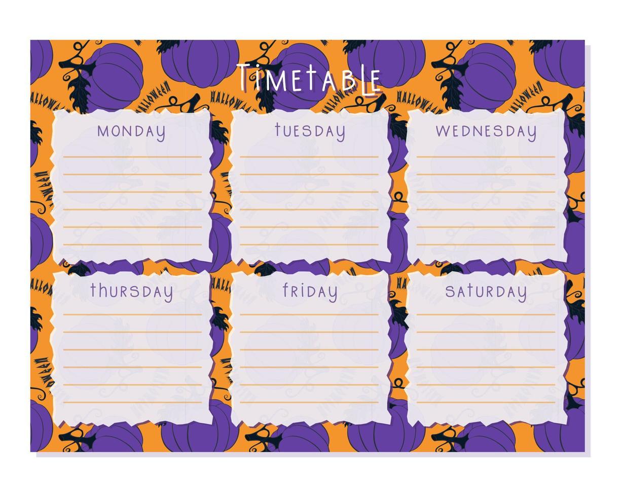 Timetable Halloween Pumpkin pattern , Class schedule, weekly calendar. vector