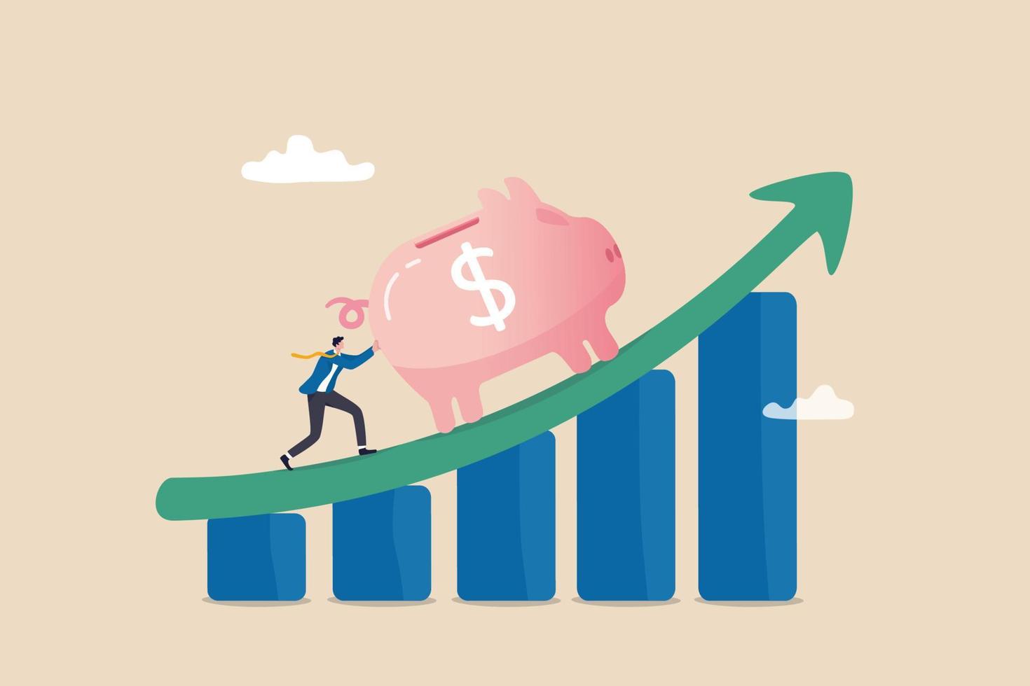 Saving or investment profit, compound interest graph or wealth incremental, investment earning from stock market or mutual fund concept, rich businessman push big piggy bank up rising graph and chart. vector