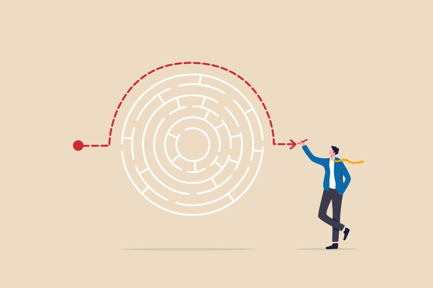 Workaround or solution to bypass problem or difficulty, creativity to overcome obstacle or solving business problem, avoiding path concept, businessman genius draw workaround line to solve labyrinth. vector