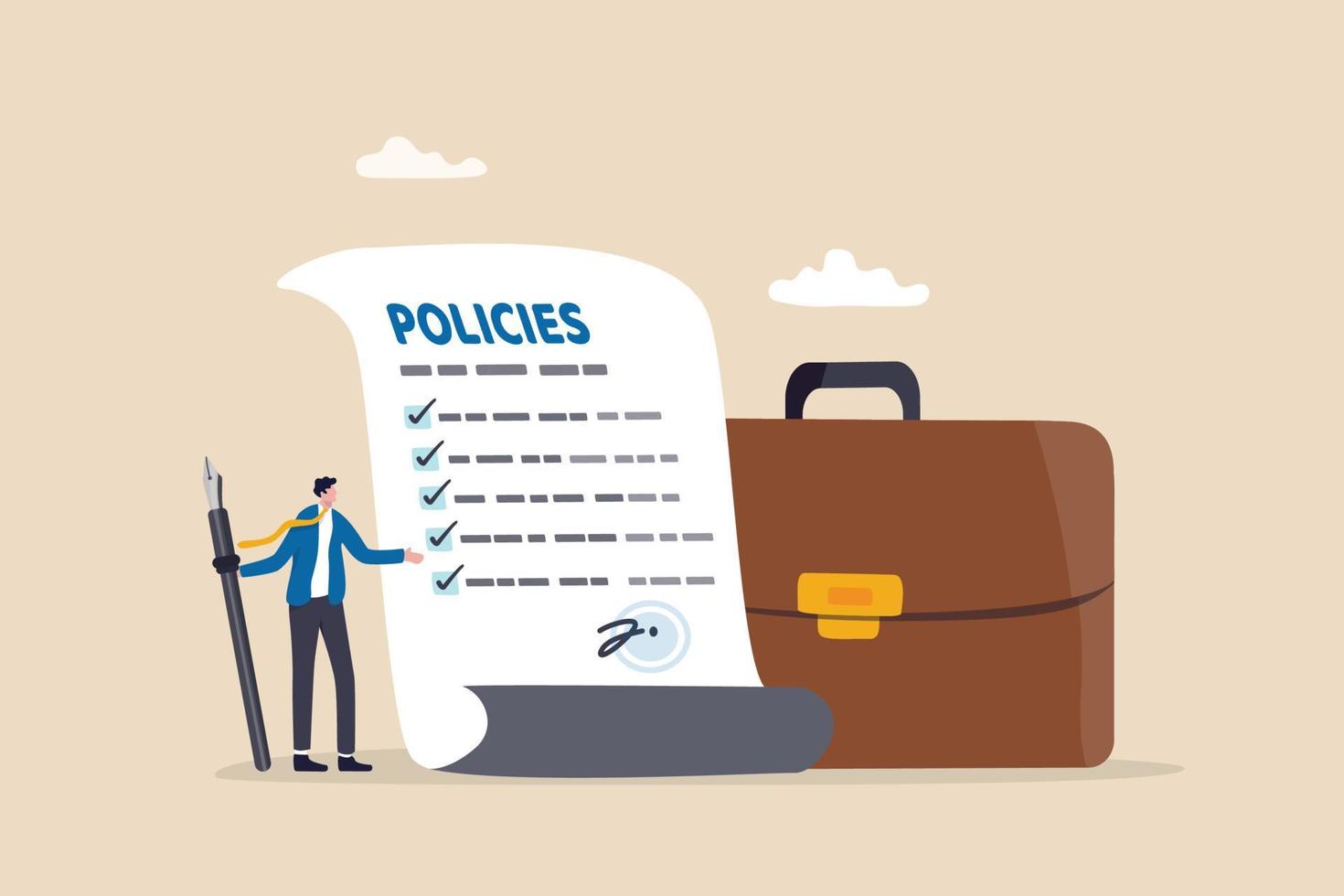 Company policies document, legal of term and services, agreement or process to follow, corporate rules or guidance concept, businessman holding pen with company policy document and business briefcase. vector