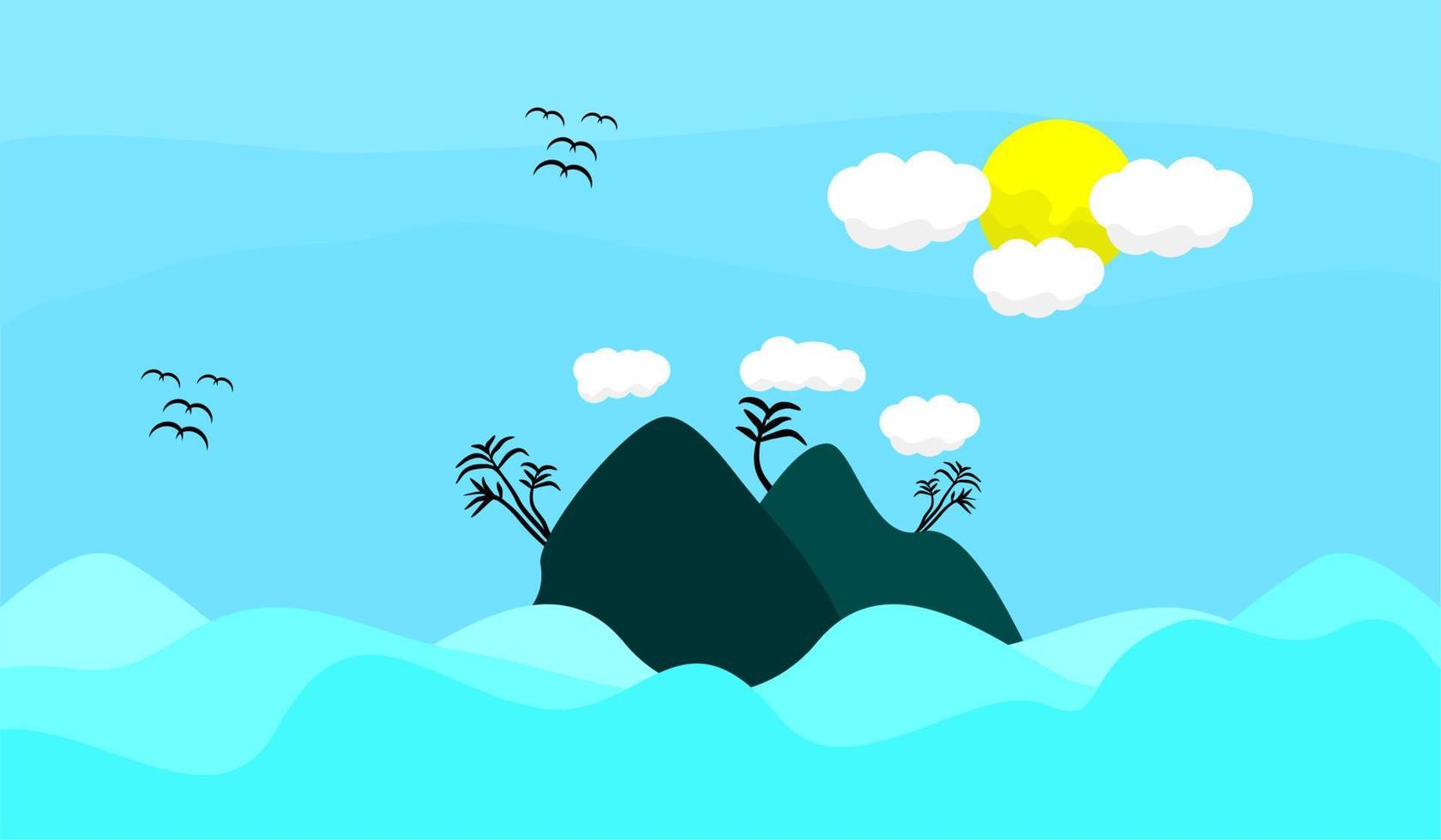 ilustración plana de vistas al mar, olas, nubes y sol. adecuado para carteles, pancartas, publicidad, promoción y antecedentes vector