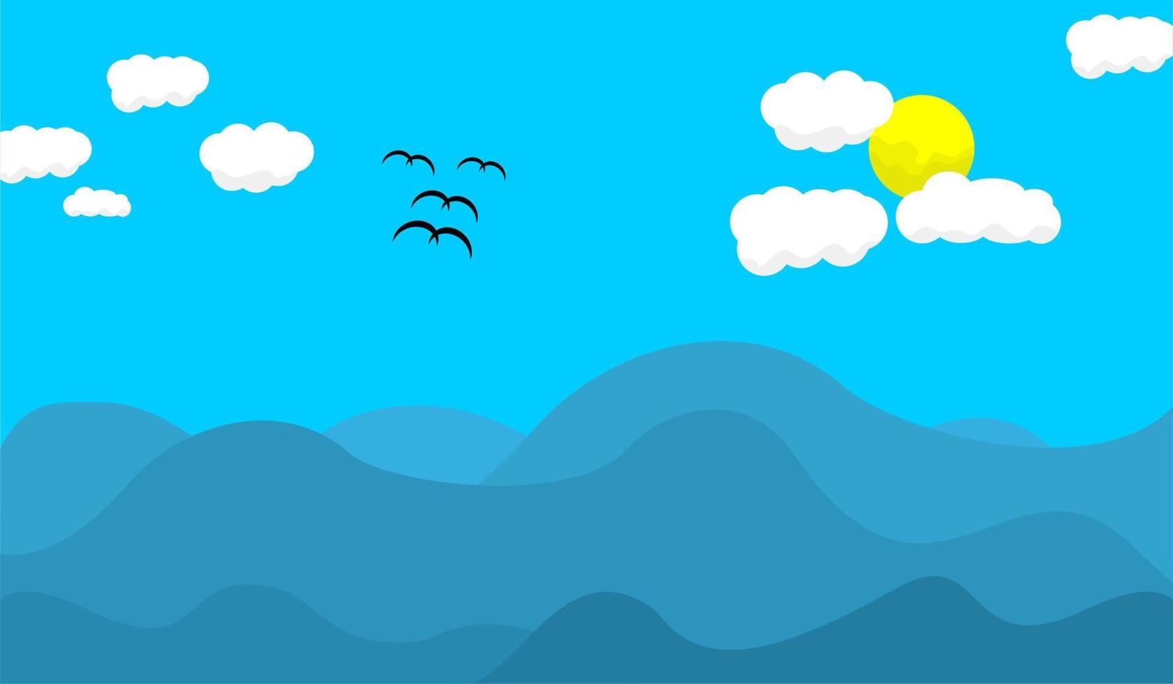 FLAT ILLUSTRATION OF SEA, WAVES, CLOUDS AND SUN VIEWS. SUITABLE FOR POSTER, BANNER, ADVERTISING, PROMOTION AND BACKGROUND vector