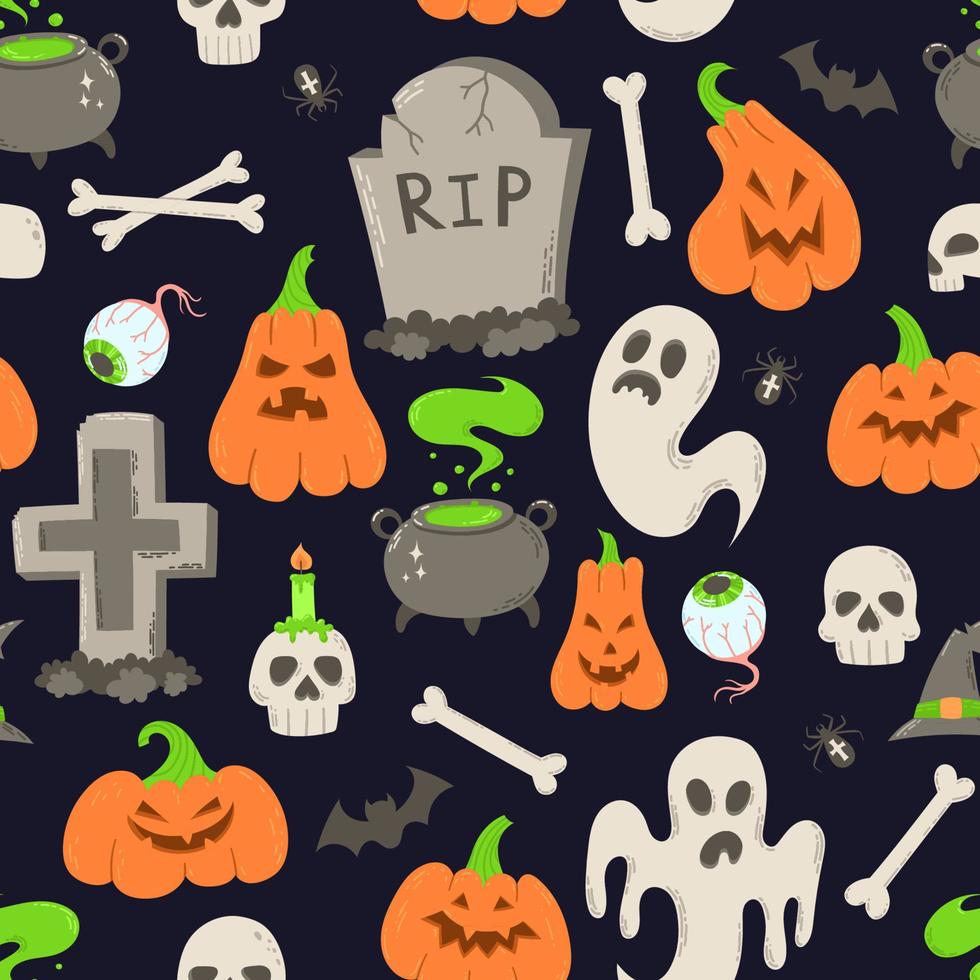 Symbolic Halloween Holiday Scary Objects Seamless Pattern. Pumpkins, Ghosts, Skulls, Bones, Cauldron, Tombstones, Bat, Spider, Eyeball, Potion, Hat, Candle vector