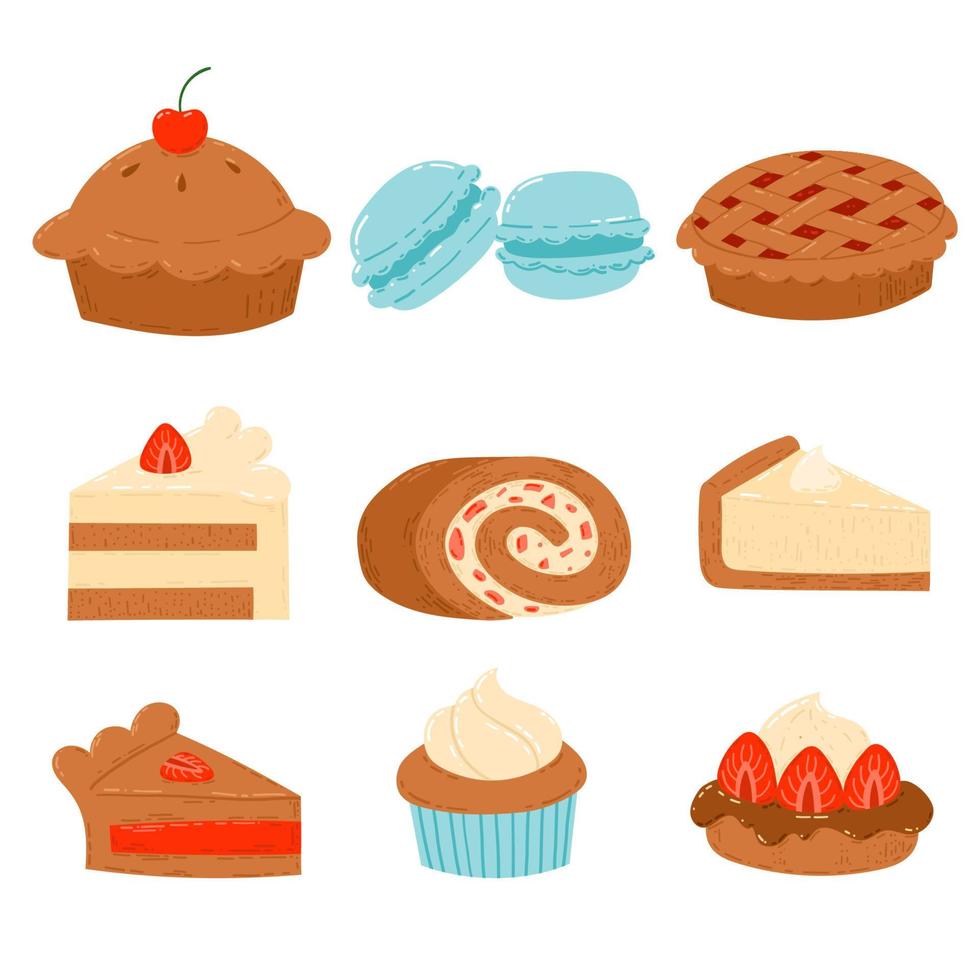 Set of Bakery and Pastry Desserts with Chocolate, Vanilla, Cherry and Strawberry flavors. Cake, Pie, Cupcake, Muffin, Cheesecake, Roll vector