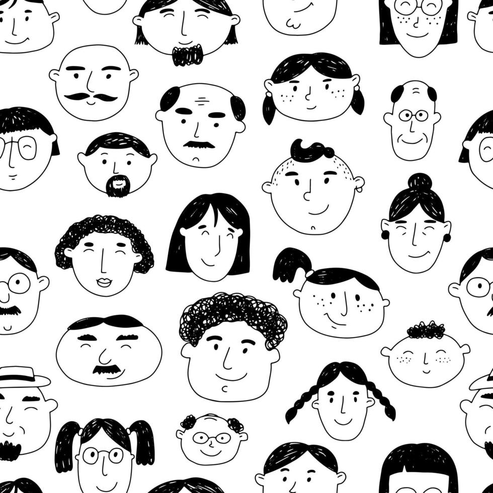 Diverse Women's and Men's Heads Seamless Pattern. Black and White Background with Faces. Hand drawn line art. Perfect for Textil vector