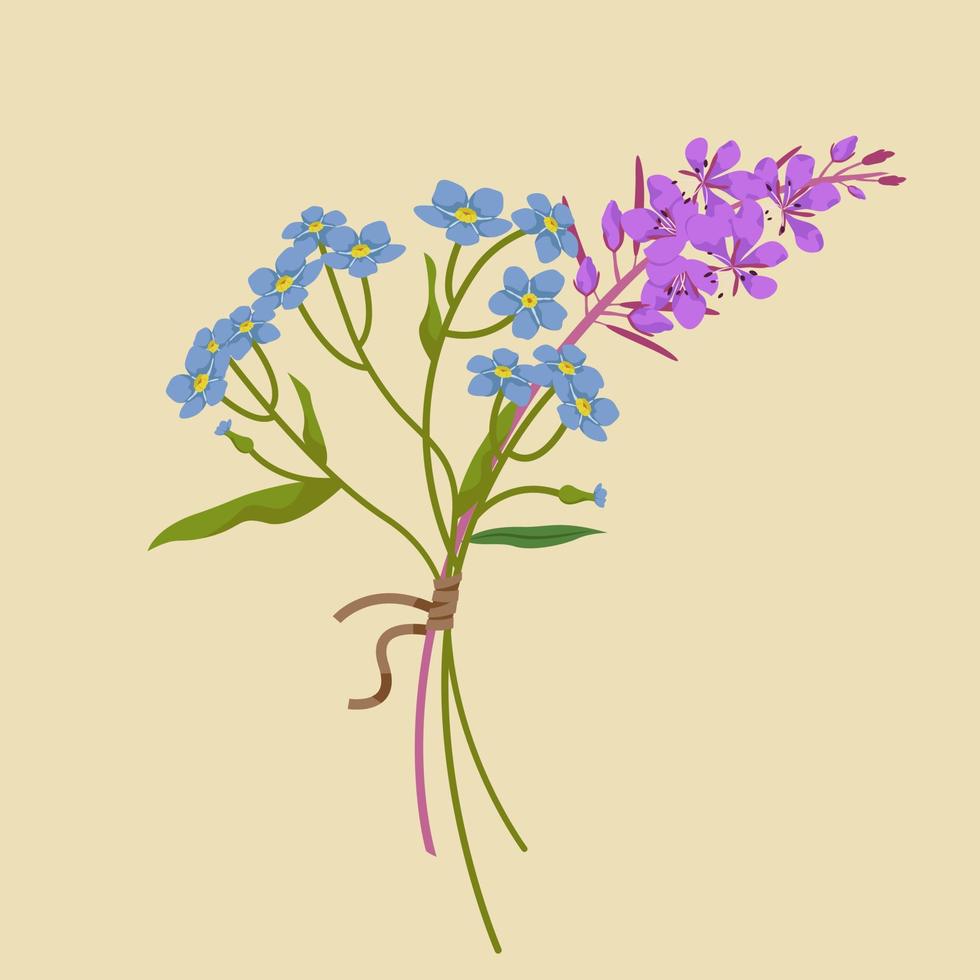 ramo de myosotis y sally floreciente. hermosas flores en estilo de dibujos animados. vector