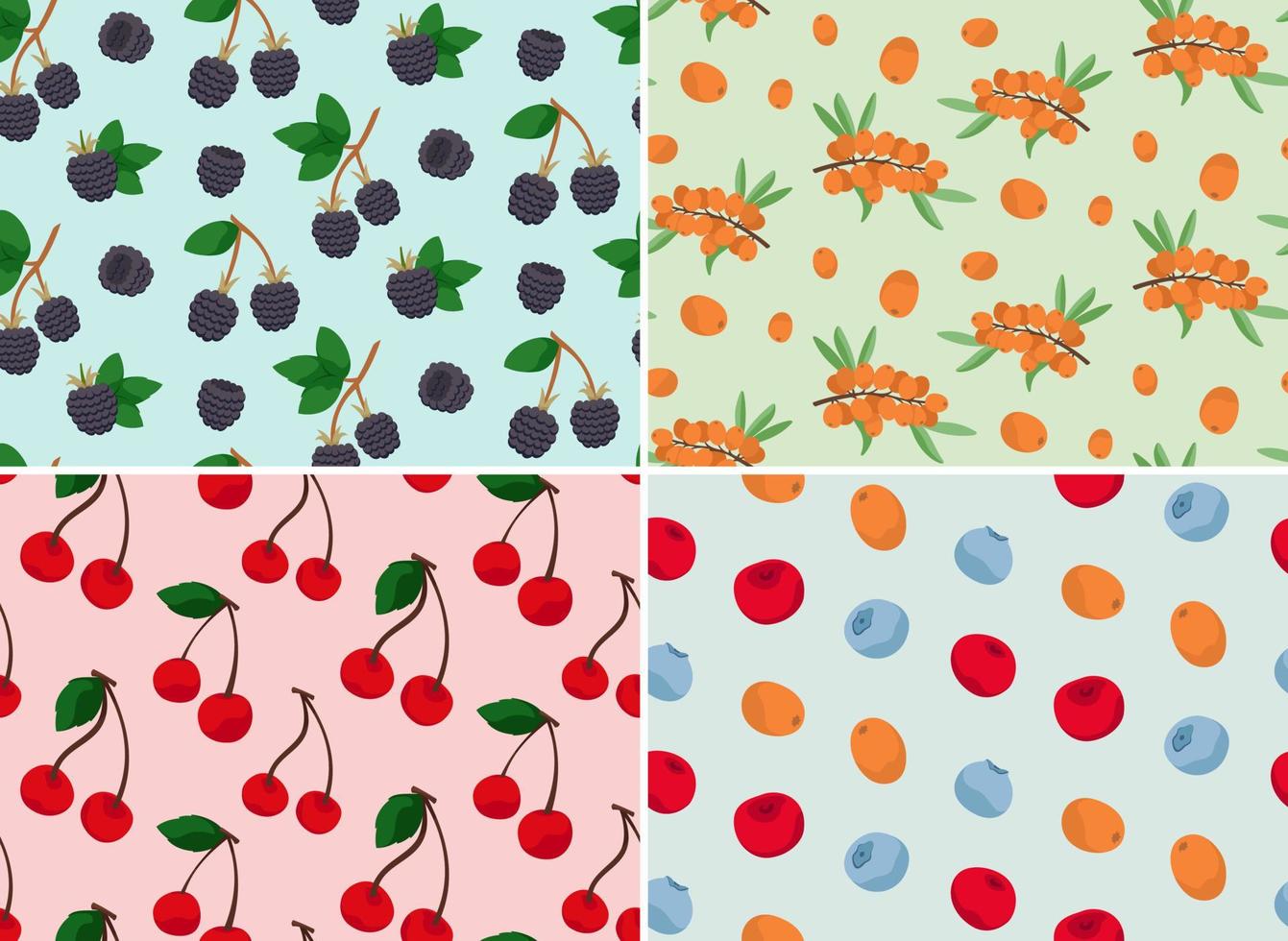 Seamless patterns with different berries. Nature textures in cartoon style. vector