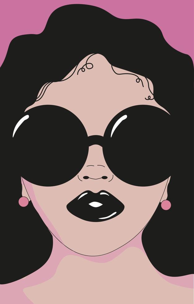 Black girl in sunglasses and pink earrings. Illustration of a black girl with flowing hair on a pink background. Poster with a woman. vector