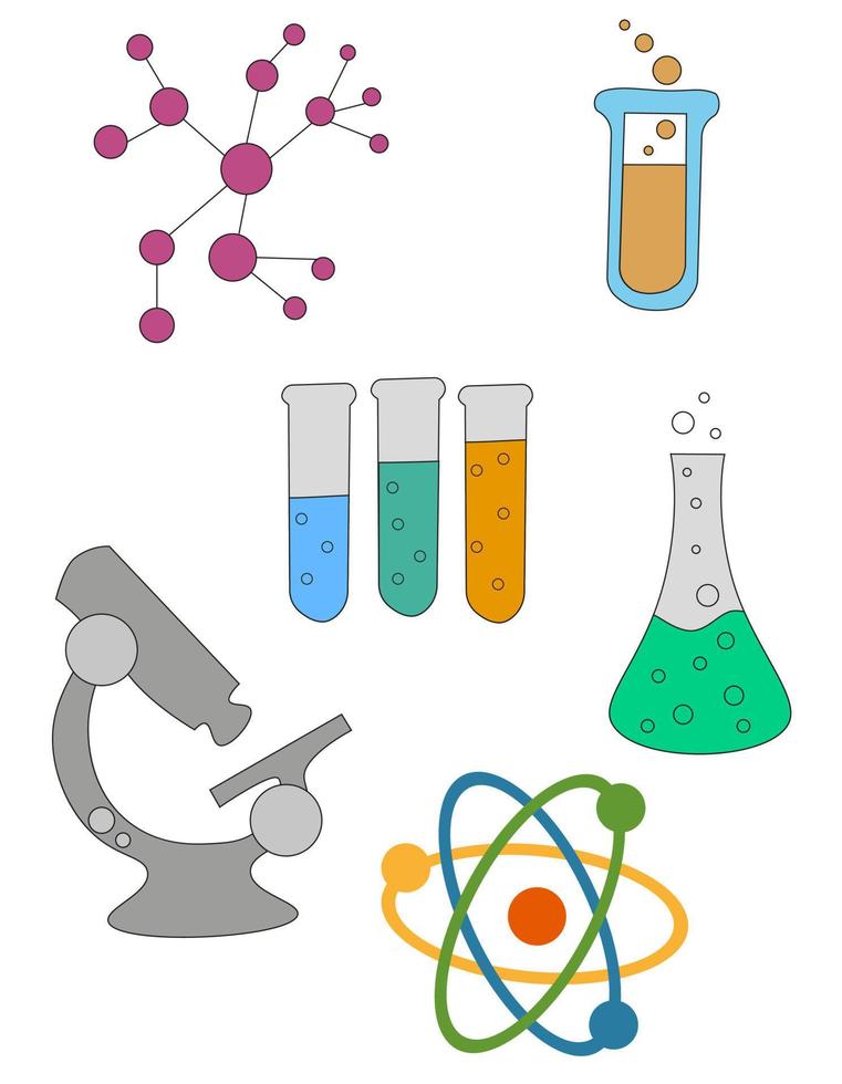 Collection of scientific chemical equipment. Microscope, test tubes with liquids, flask, atoms and molecules. Science icons illustration. vector