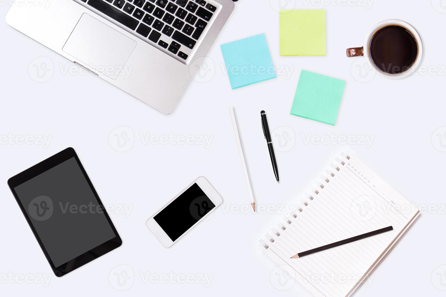 Top view of  white office desk table. photo