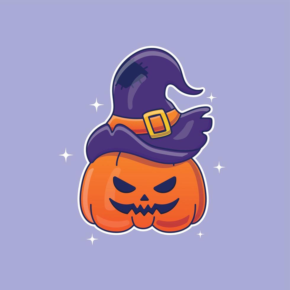 Cute cartoon pumpkin with witch hat vector illustration