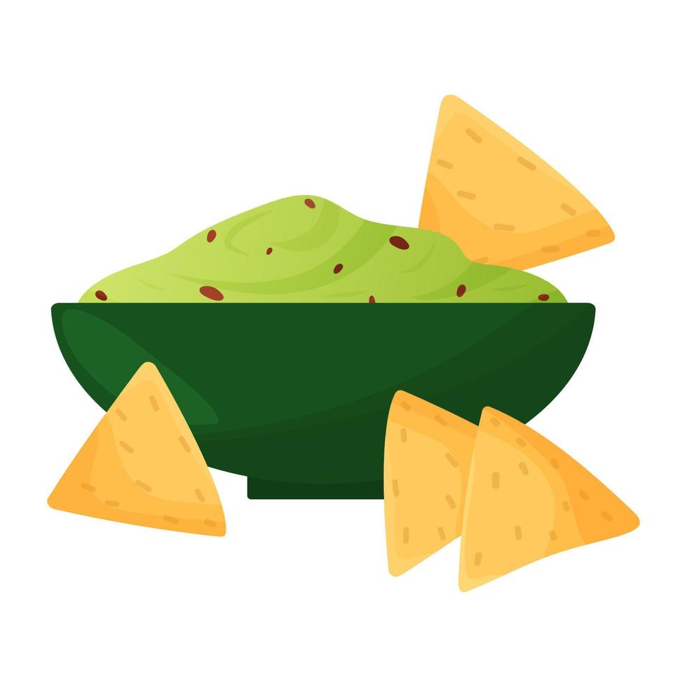 Guacamole with nachos isolated on white background. Mexican food vector illustration