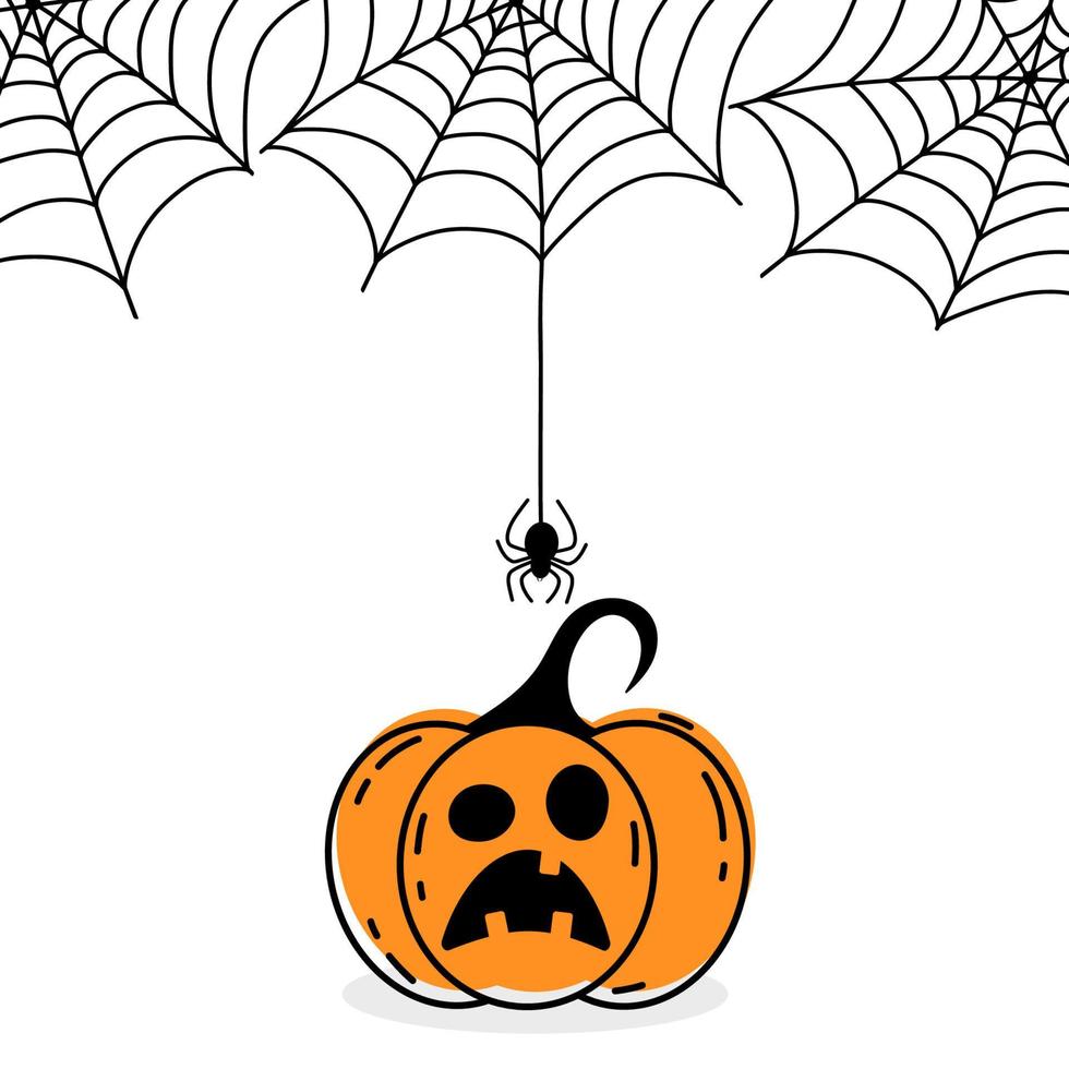 Halloween cartoon pumpkin with spider hanging on web. Vector illustration