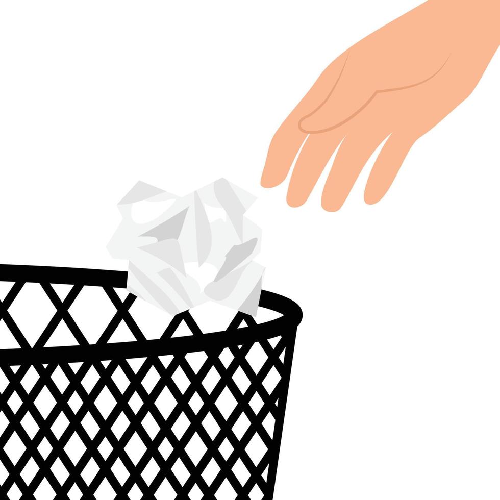 Hand throw napkin to the basket. Hand throw crumpled paper to the bin. vector