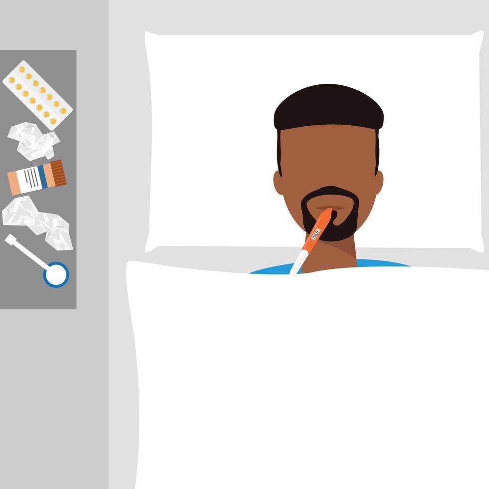 African man lay in bed with cold or flu with a thermometer. Flu man with any medication. Vector illustration