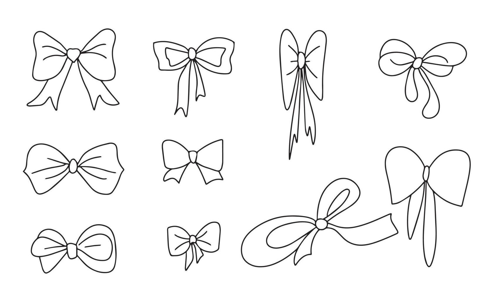 Set of contour bows. Hand draw line art outline vector illustration.