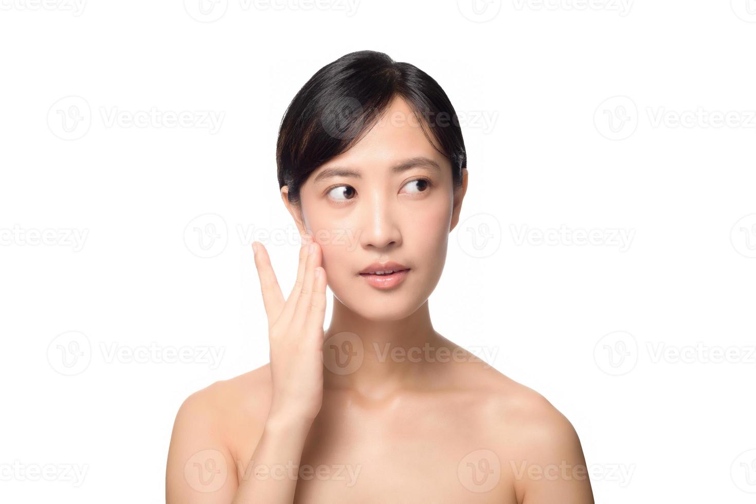 Portrait of beautiful young asian woman clean fresh bare skin concept. Asian girl beauty face skincare and health wellness, Facial treatment, Perfect skin, Natural make up on white background photo