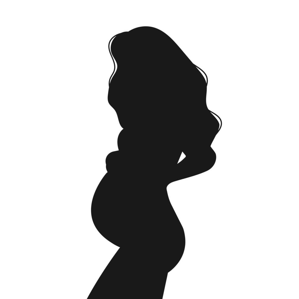 Beautiful black silhouette of a pregnant girl with long hair against a white background. Vector illustration