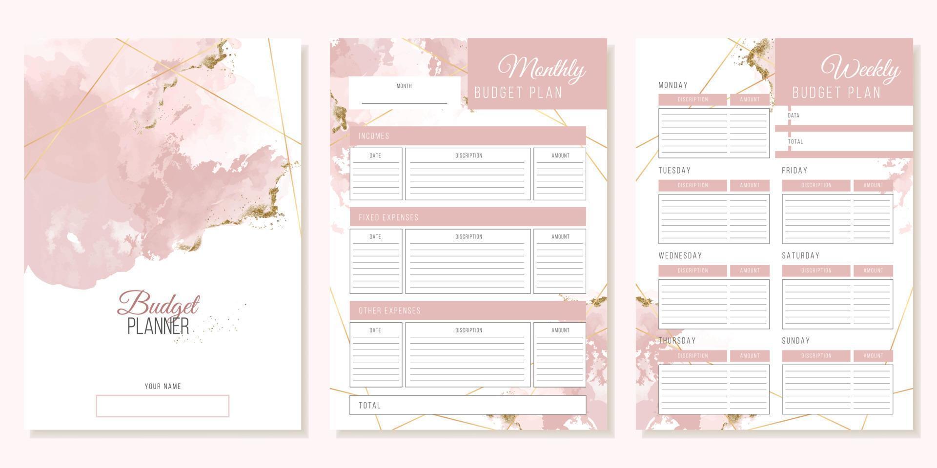 Vector planner page templates. Weekly, monthly, budget planners with watercolour stains and gold sequins.
