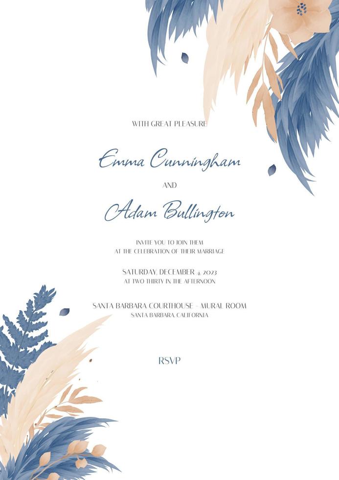 Wedding invitation with floristry and pampas grass in gold, blue, leaves. Boho style wedding design,. Floral poster, invitation vector