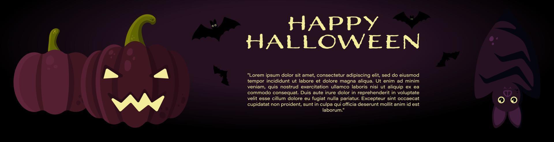 banner de vector de halloween con jack o'lantern, calabaza y murciélagos. perfecto para sitios web, materiales impresos, redes sociales, etc.