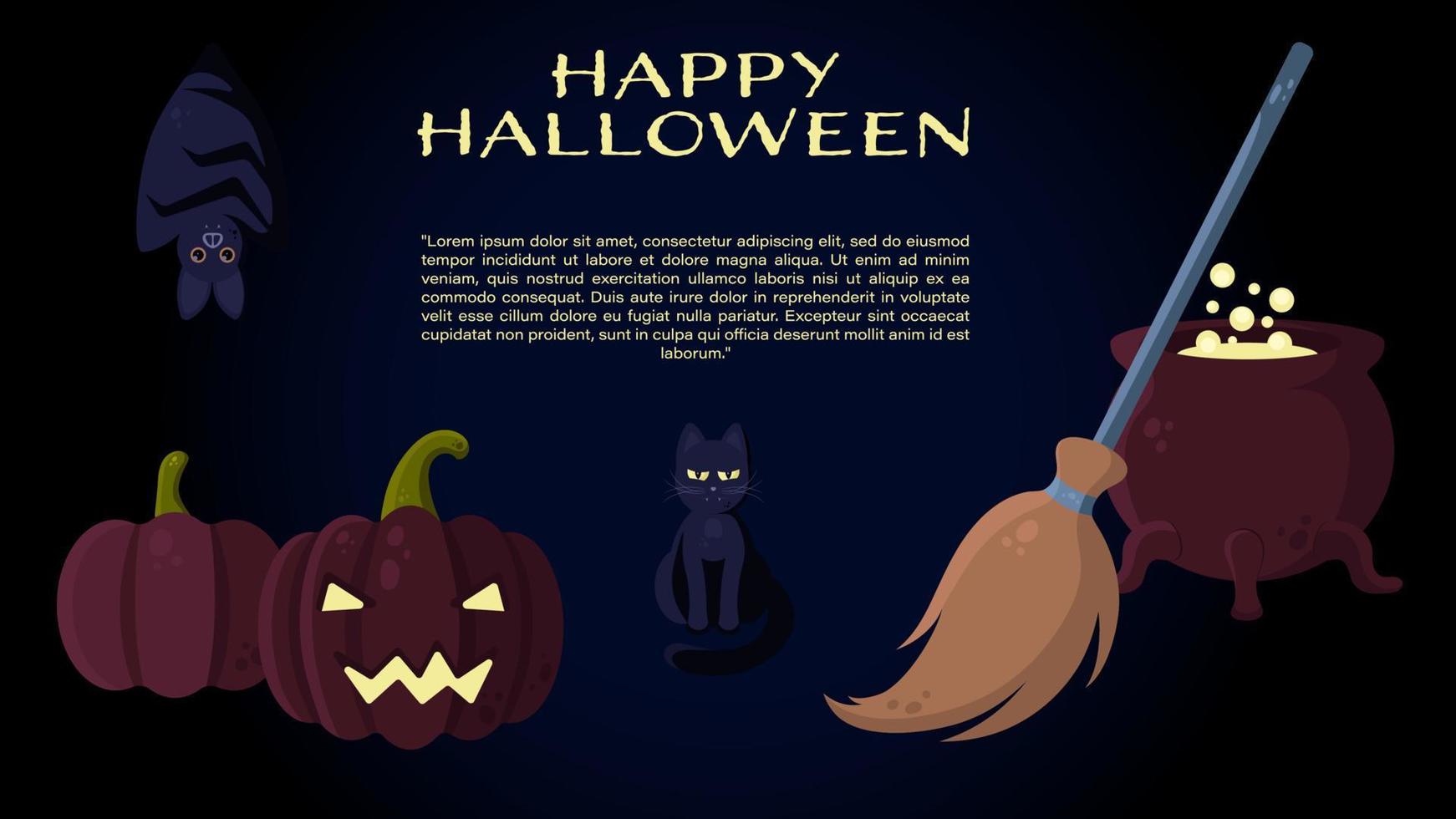 banner de vector de halloween con jack o'lantern, caldero, escoba, gato, murciélago y calabaza. perfecto para sitios web, materiales impresos, redes sociales, etc.