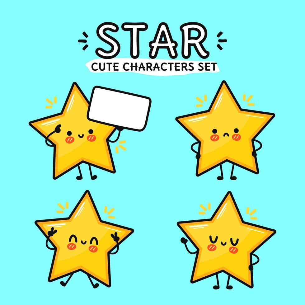 divertido lindo juego de personajes de estrellas felices. diseño de icono de ilustración de personaje de dibujos animados de estilo de fideos dibujado a mano vectorial. aislado sobre fondo azul. linda colección de personajes de la mascota estrella vector