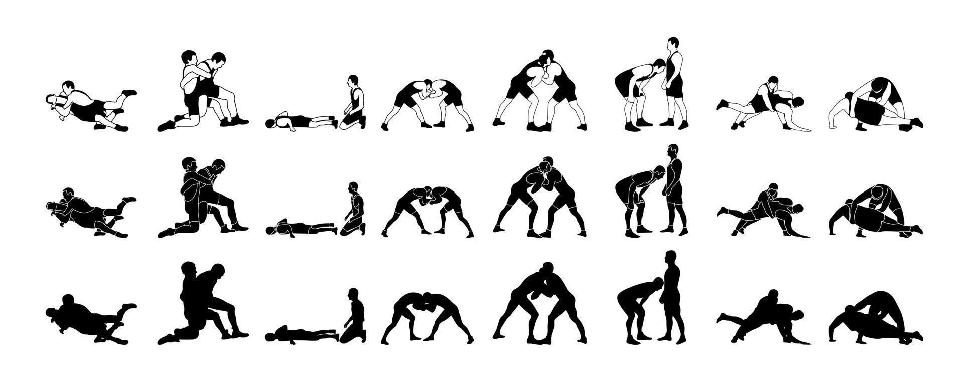 Athlete wrestler in wrestling, duel, fight. A pack of silhouettes Greco Roman, freestyle, classical wrestling. vector