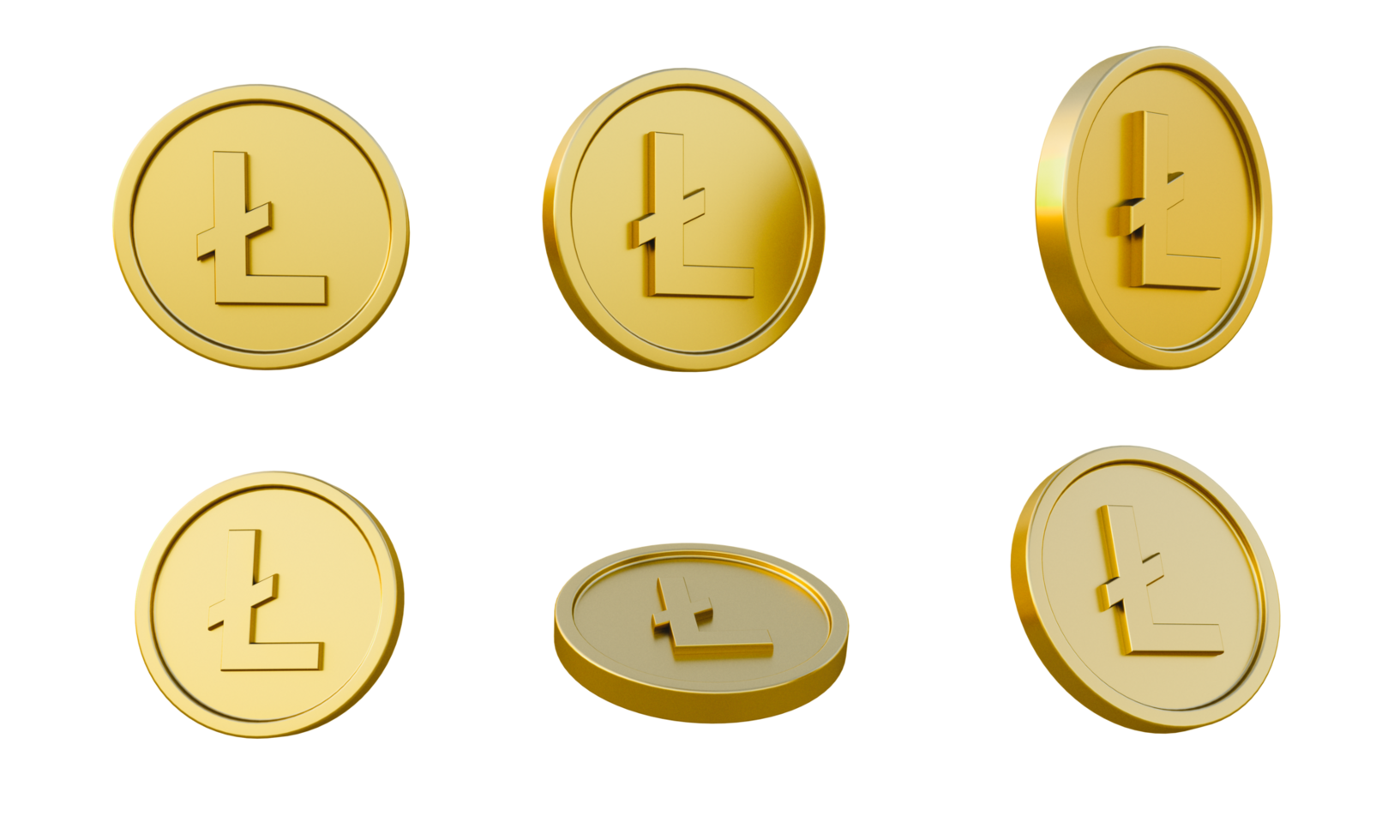 conjunto de monedas de oro con signo o símbolo litecoin ilustración 3d