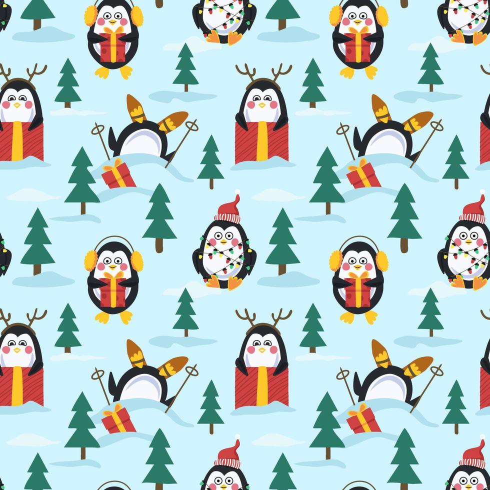 Penguins for Christmas. Seamless pattern, vector illustration
