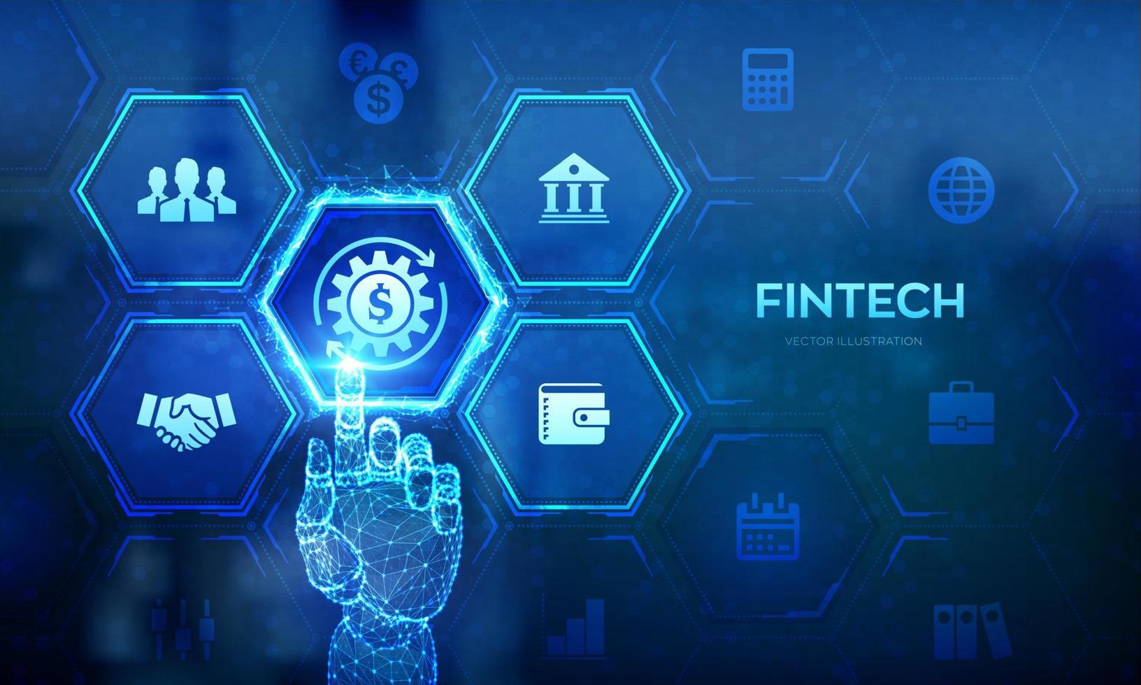 Fintech. Financial technology, online banking and crowdfunding. Business investment banking payment technology concept on virutal screen. Wireframe hand touching digital interface. Vector illustration