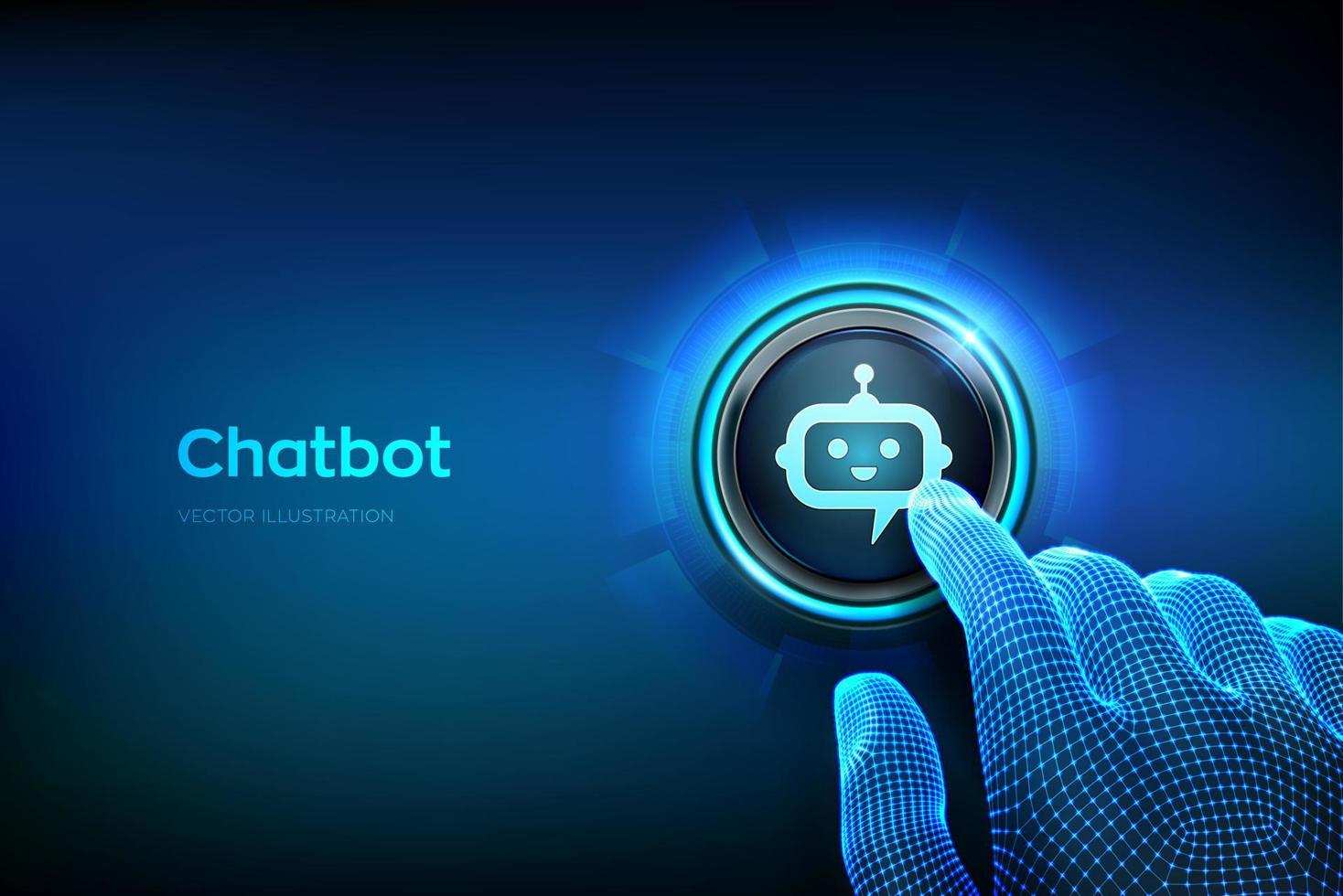 Chatbot assistant application. AI concept. Closeup finger about to press a button with robot chatbot head icon. Just push the button. Vector illustration.