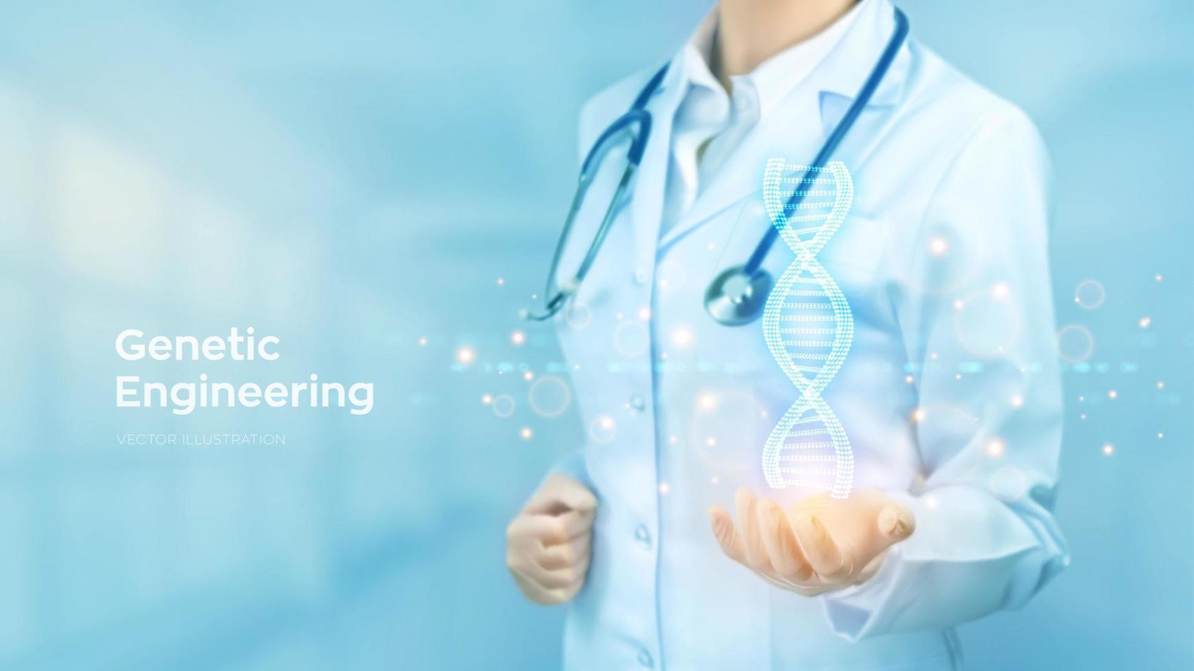 DNA sequence. Wireframe DNA molecules structure mesh. Doctor holding in hand the DNA code. Genetic engineering. Science and Technology concept. Vector illustration.